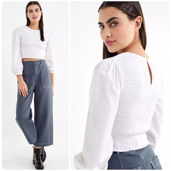 Urban Outfitters Luca Smocked Long Sleeve Top in White | Small - Picture 1 of 8